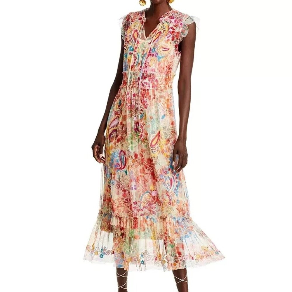 💐Johnny Was Mazzy Embroidered Boho Mesh Tie Dress Leafy Colorful Size XL